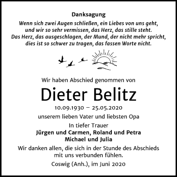 Traueranzeige von Dieter Belitz von Mitteldeutsche Zeitung Wittenberg