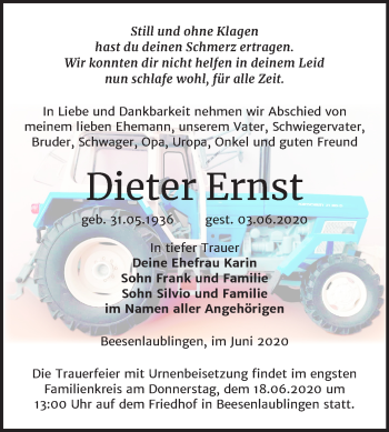 Traueranzeige von Dieter Ernst von Super Sonntag Bernburg