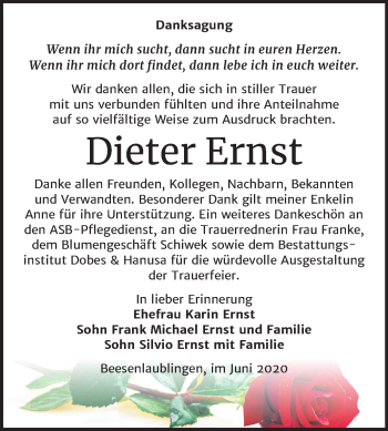 Traueranzeige von Dieter Ernst von Mitteldeutsche Zeitung Bernburg