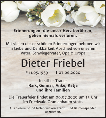 Traueranzeige von Dieter Friebel von Wochenspiegel Bitterfeld