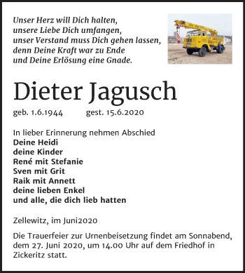 Traueranzeige von Dieter Jagusch von Mitteldeutsche Zeitung Bernburg