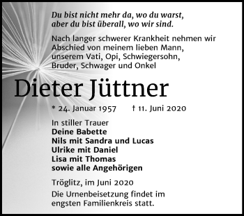 Traueranzeige von Dieter Jüttner von Mitteldeutsche Zeitung Zeitz