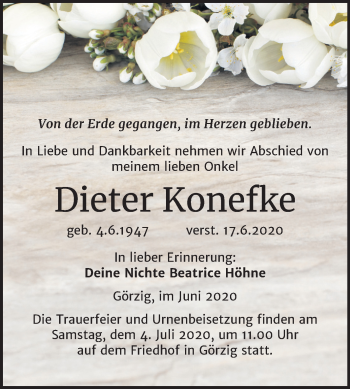 Traueranzeige von Dieter Konefke von Mitteldeutsche Zeitung Köthen