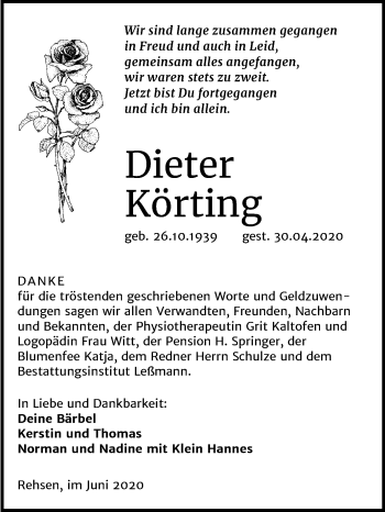 Traueranzeige von Dieter Körting von Super Sonntag Wittenberg