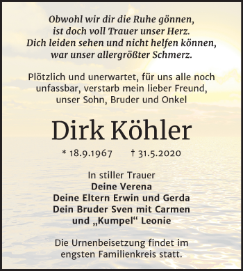 Traueranzeige von Dirk Köhler von Super Sonntag Köthen