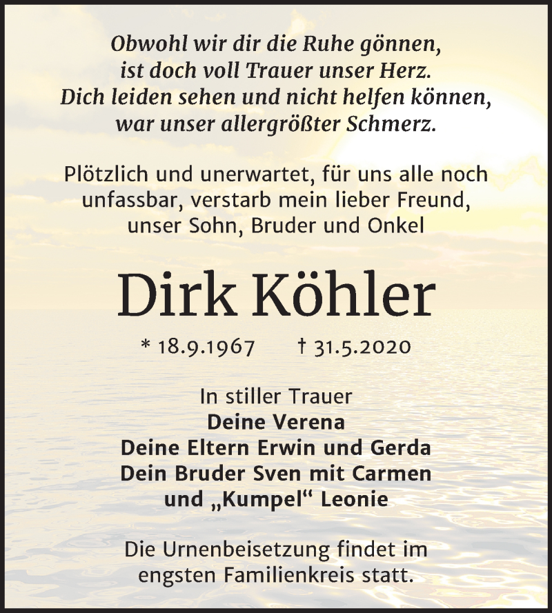  Traueranzeige für Dirk Köhler vom 05.06.2020 aus Mitteldeutsche Zeitung Köthen