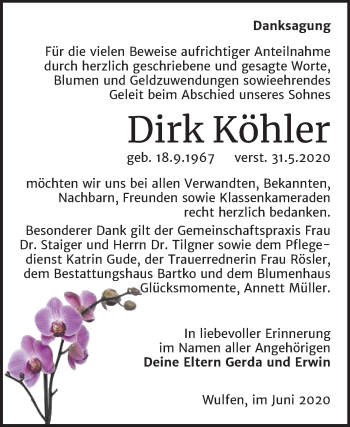 Traueranzeige von Dirk Köhler von Super Sonntag Köthen