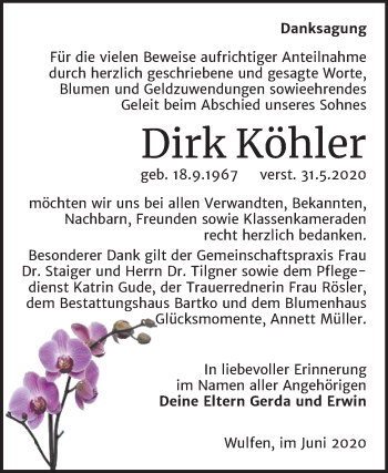 Traueranzeige von Dirk Köhler von Mitteldeutsche Zeitung Köthen