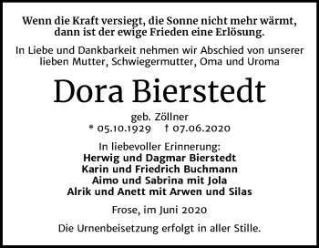 Traueranzeige von Dora Bierstedt von Super Sonntag Aschersleben