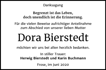Traueranzeige von Dora Bierstedt von Super Sonntag Aschersleben