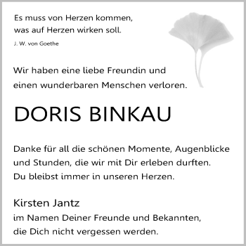 Traueranzeige von Doris Binkau von Mitteldeutsche Zeitung Halle/Saalkreis / Merseburg/Querfurt