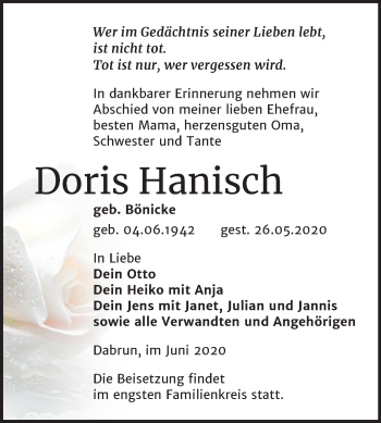 Traueranzeige von Doris Hanisch von Super Sonntag Wittenberg