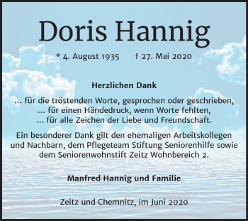 Traueranzeige von Doris Hannig von Mitteldeutsche Zeitung Zeitz