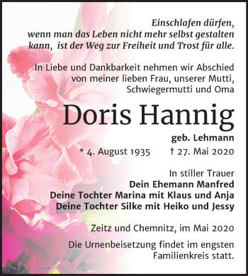 Traueranzeige von Doris Hannig von Super Sonntag Zeitz