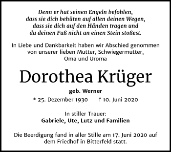 Traueranzeige von Dorothea Krüger von Mitteldeutsche Zeitung Bitterfeld