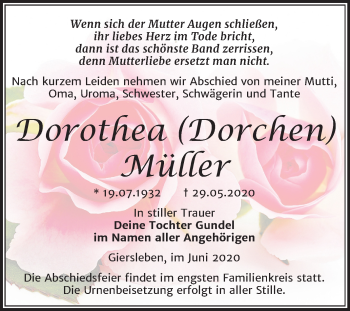 Traueranzeige von Dorothea Müller von Mitteldeutsche Zeitung Aschersleben