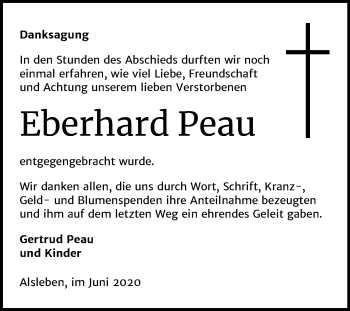 Traueranzeige von Eberhard Peau von Super Sonntag Bernburg