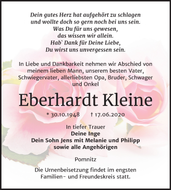 Traueranzeige von Eberhardt Kleine von Wochenspiegel Naumburg/Nebra