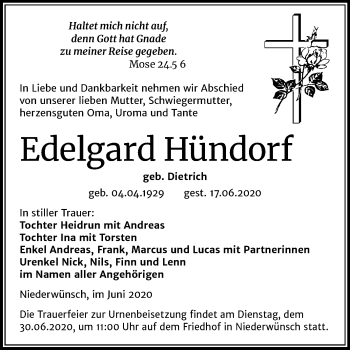 Traueranzeige von Edelgard Hündorf von Mitteldeutsche Zeitung Merseburg/Querfurt