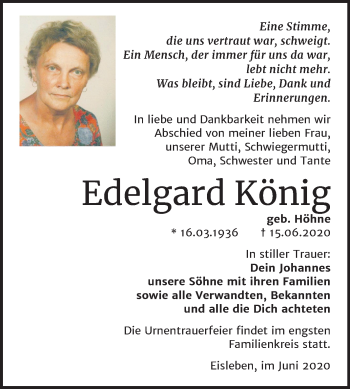 Traueranzeige von Edelgard König von Mitteldeutsche Zeitung Mansfelder Land