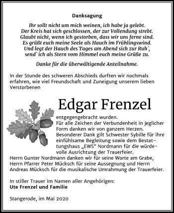 Traueranzeige von Edgar Frenzel von Wochenspiegel Mansfelder Land