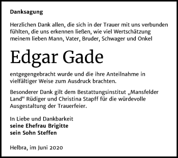Traueranzeige von Edgar Gade von Mitteldeutsche Zeitung Mansfelder Land
