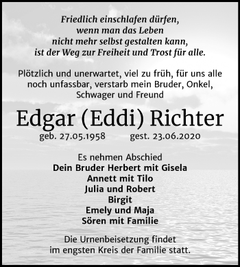 Traueranzeige von Edgar Richter von Mitteldeutsche Zeitung Wittenberg