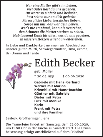 Traueranzeige von Edith Becker von Wochenspiegel Naumburg/Nebra