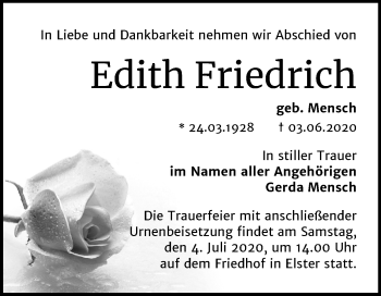 Traueranzeige von Edith Friedrich von Mitteldeutsche Zeitung Wittenberg