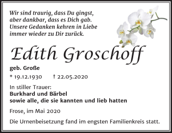 Traueranzeige von Edith Groschoff von Super Sonntag Aschersleben