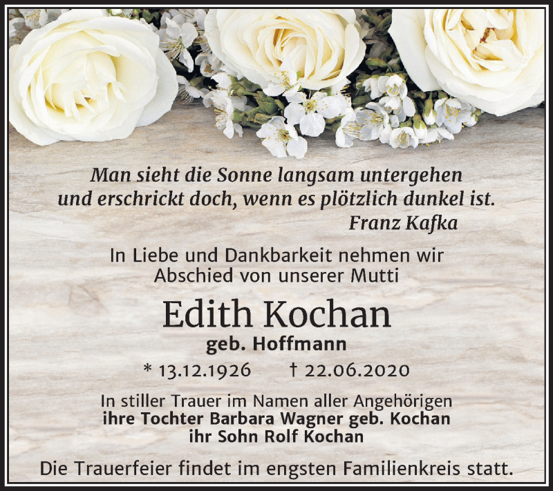  Traueranzeige für Edith Kochan vom 26.06.2020 aus Mitteldeutsche Zeitung Halle/Saalkreis