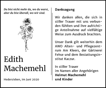 Traueranzeige von Edith Machemehl von Super Sonntag Quedlinburg