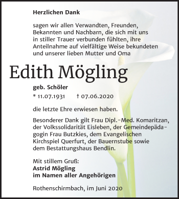 Traueranzeige von Edith Mögling von Super Sonntag Mansfelder Land