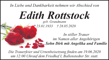 Traueranzeige von Edith Rottstock von Super Sonntag Dessau-Roßlau