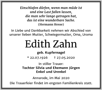 Traueranzeige von Edith Zahn von Mitteldeutsche Zeitung Mansfelder Land
