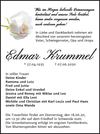 Traueranzeige von Edmar Krummel von Mitteldeutsche Zeitung Sangerhausen