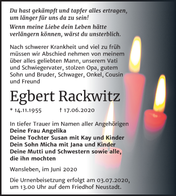 Traueranzeige von Egbert Rackwitz von Mitteldeutsche Zeitung Halle/Saalkreis
