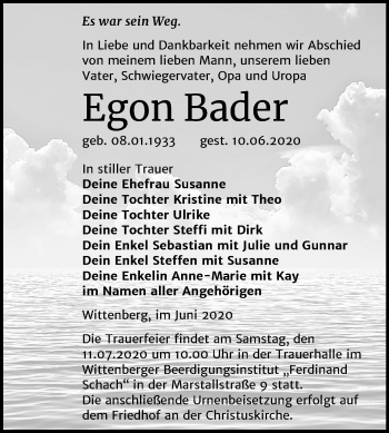 Traueranzeige von Egon Bader von Mitteldeutsche Zeitung Wittenberg
