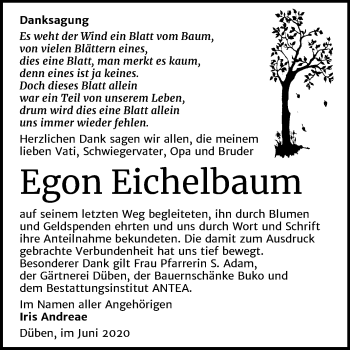 Traueranzeige von Egon Eichelbaum von Mitteldeutsche Zeitung Wittenberg