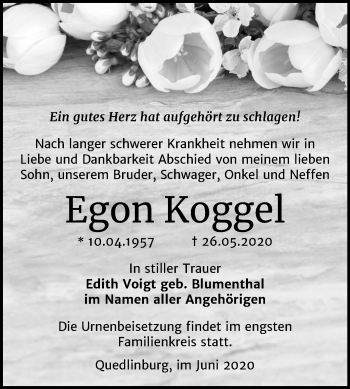 Traueranzeige von Egon Koggel von Super Sonntag Quedlinburg