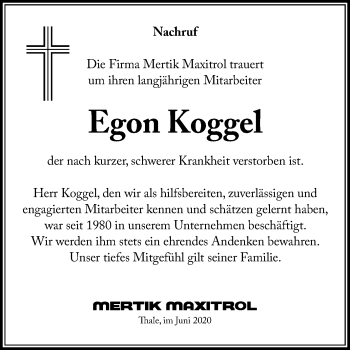 Traueranzeige von Egon Koggel von Mitteldeutsche Zeitung Quedlinburg