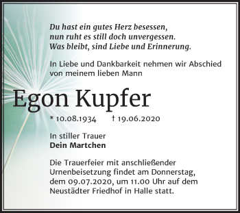 Traueranzeige von Egon Kupf von Mitteldeutsche Zeitung Halle/Saalkreis