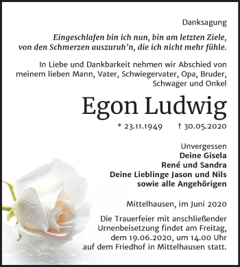 Traueranzeige von Egon Ludwig von Super Sonntag Sangerhausen
