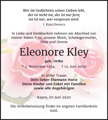 Traueranzeige von Eleonore Kley von Mitteldeutsche Zeitung Zeitz