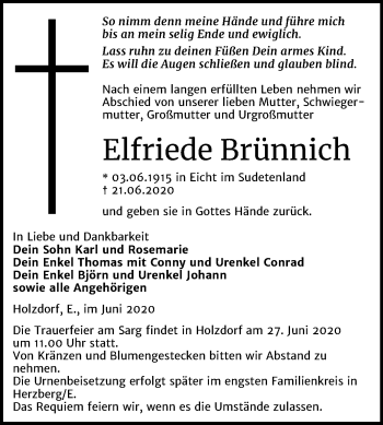 Traueranzeige von Elfriede Brünnich von Mitteldeutsche Zeitung Wittenberg