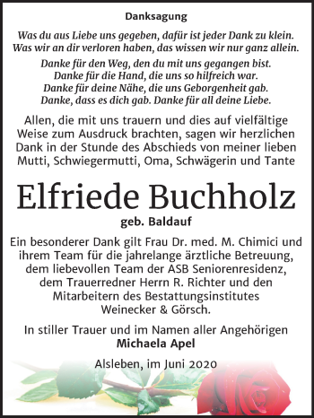 Traueranzeige von Elfriede Buchholz von Super Sonntag Bernburg