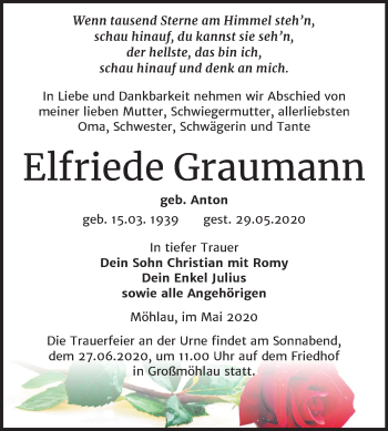 Traueranzeige von Elfriede Graumann von Super Sonntag Wittenberg