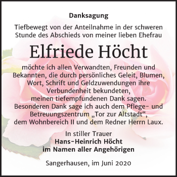 Traueranzeige von Elfriede Höcht von Mitteldeutsche Zeitung Sangerhausen