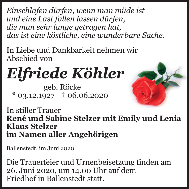  Traueranzeige für Elfriede Köhler vom 10.06.2020 aus Mitteldeutsche Zeitung Quedlinburg
