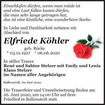 Traueranzeige von Elfriede Köhler von Super Sonntag Quedlinburg